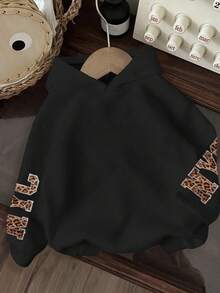 SHEIN Plus Size Women Leopard Print Letter Sweatshirt Sweatshirt - Black - View 2