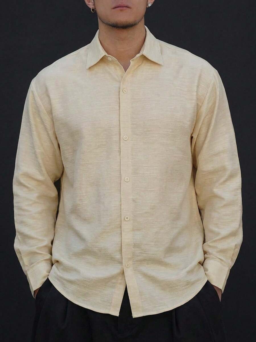 DAZY Apricot Color Casual Long Sleeve Shirt With Front Buttons For Men, Suitable For Spring And Autumn - Apricot - View 1