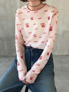 FRIFUL 女士宽松休闲百搭上衣，通体印花，饰有数字和字母图案，采用轻薄网纱面料，并配有同色缝线细节。 - 米色 - 查看 6