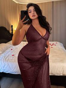 Dazy Plus Mesh Sheer Long Camisole Lingerie - Burgundy - View 3