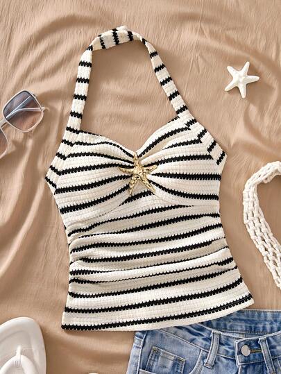 Starfish Halter Neck Tank Top | Cropped Ruched Fitted Removable Bow Blouse Suitable For Tween GirlsCropped Silhouette Fresh And Neat Starfish Decor | Sweet Marine Elements, Adding Exquisite Halter Neck Design + Removable Bow | Flexible Styling, Adjustable Wearing Style Ruched Fitted Fabric | Contouring Without Tightness, Comfortable And Fashionable