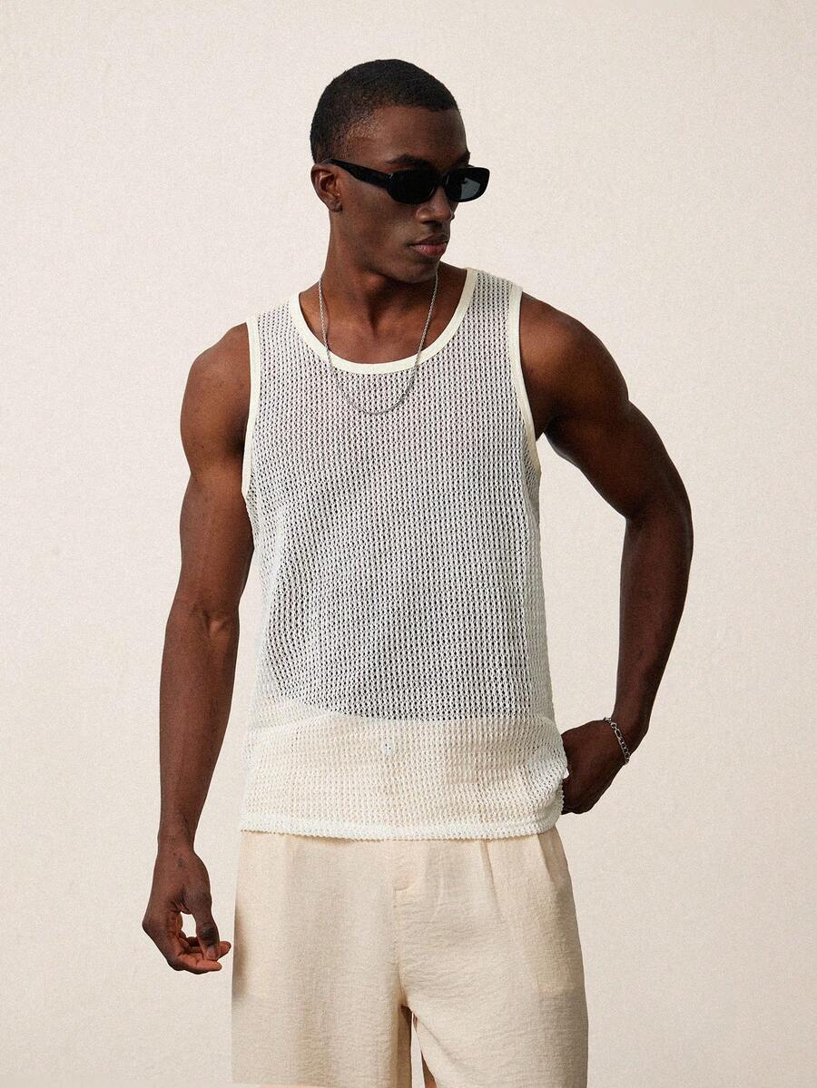 STYNVO Men's Sleeveless Tank Top, Perforated Jacquard Fabric, Soft & Comfortable, Stretchy Material, Slim Fit Men Mesh Top Men's Sleeveless Tops Knit Tank Top Men - Apricot - View 1