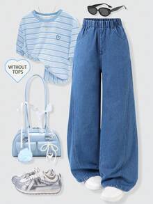 Girls' Wide Leg Jeans, All-Match Minimalist Versatile Elastic Waist Loose Fit, Comfortable All-Season Staple Item - Dark Wash - View 4