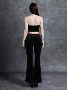 Glisette Women's Velvet Bandeau Top With Lace Trim + Flare Leg Pants 2 Pieces Set - Black - View 2