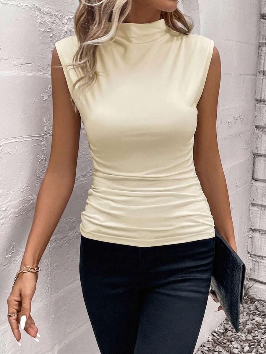 SHEIN Clasi Áo nữ dáng ôm cổ nhún màu trơn, kiểu dáng thường ngày. - Màu be - Xem 1