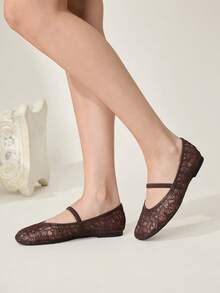CUCCOO CHICEST Giày bệt nữ màu nâu cà phê lưới họa tiết hoa, mũi vuông, có quai chữ, thoải mái, mềm mại, đơn giản, phù hợp đi làm. - Cà phê nâu - Xem 6
