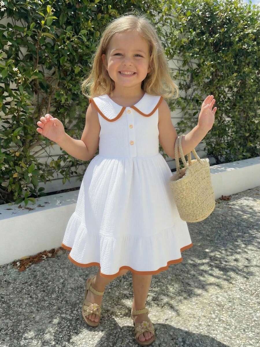 SHEIN 女童翻领无袖白色休闲连衣裙，简约乡村风可爱柔软连衣裙，女童夏季100%纯棉连衣裙 - 白色 - 查看 1