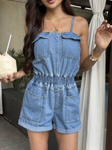 SHEIN Women's Summer Multi-Pocket Washed Denim Jumpsuit - Light Wash - View 2