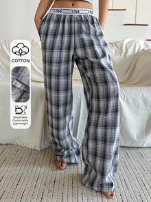 DAZY Letter Tape Waistband Loose Plaid Pajama Pants, Women Sleepwear Bottom - Blue - View 3