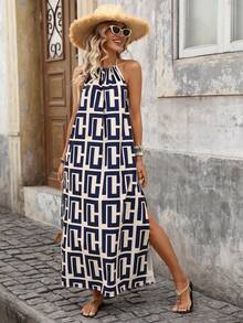 Brillora Spring/Summer Vacation Chiffon Printed Backless Dress For Women - Multicolor - View 5