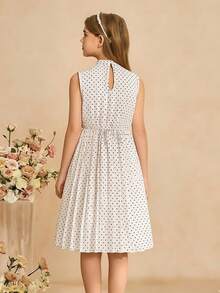 SHEIN Đầm không tay thanh lịch, tối giản dành cho thiếu nữ, vải in chấm bi, nơ 3D có thể tháo rời, kiểu dáng cổ điển, phù hợp mặc hàng ngày và dự tiệc mùa hè. - Màu be - Xem 2