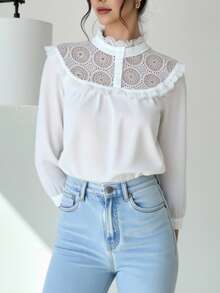 INAWLY 2026 Spring/Summer Fashion New Commuting Casual Patchwork Ruffle Trim Blouse For Women - White - View 3