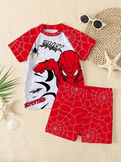 SHEIN Young Boy Casual Loose Round Neck Short Sleeve T-Shirt And Shorts Swimwear Set, Suitable For Summer, Classic Spider Web Print, Spider Hero Cartoon Image Print, Suitable For Surfing, Suitable For Vacation