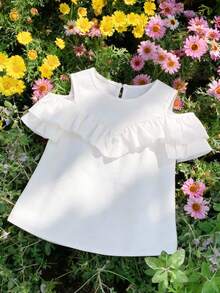 SHEIN Blusa blanca de hombros descubiertos de estilo minimalista japonés, elegante, de algodón y lino para niñas - Blanco - Ver 1