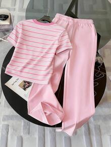 Resyla Striped Digital Print Casual Round Neck T-Shirt Set, Gift For Friends - Dusty Pink - View 2