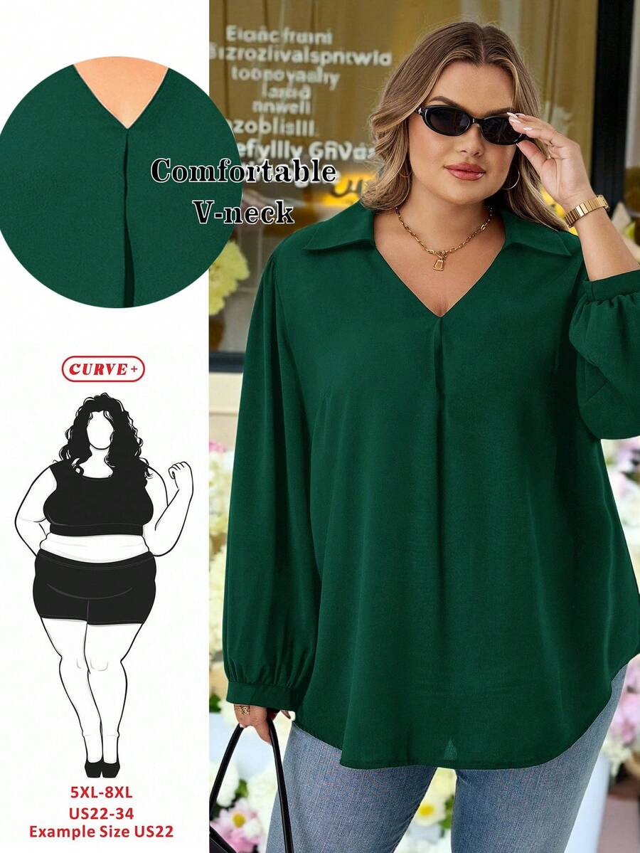 SHEIN CURVE+ 大码女装秋冬休闲宽松舒适V领黑色长袖衬衫，秋季女装，女式衬衫，大码上衣，复古风，黑色上衣，商务休闲女装，办公室女装，W码，教师衬衫，女士秋冬服装，冬季，大码 - 墨綠色 - 查看 1