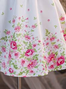 少女可爱优雅花卉图案蝴蝶结无袖连衣裙 - 白色 - 查看 6