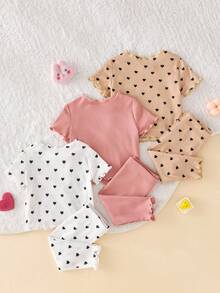 SHEIN 6件套 Dozemod 新生女婴可爱简约心形印花荷叶边下摆圆领短袖上衣和长裤针织睡衣套装 - 彩色 - 查看 2