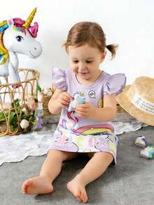 SHEIN Baby Girl Round Neck Cartoon Letter Print Ruffle Sleeve Dress, Suitable For Daily Wear - Purple - View 7