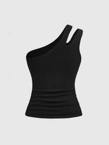 ROMWE Avant Women's Y2K All-Match Versatile One Shoulder Design Hollow Out Ruched Textured Ribbed Fabric Camisole - Black - View 2