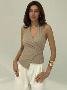 Aloruh 卡其色极简通勤卡其色春夏新款露背吊带金属扣可调节腰身女士西装外套 - 卡其色 - 查看 3