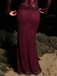 Opulessa 伴娘裙 度假纯色蕾丝裙 女士秋季派对晚宴裙 - 酒紅色 - 查看 2