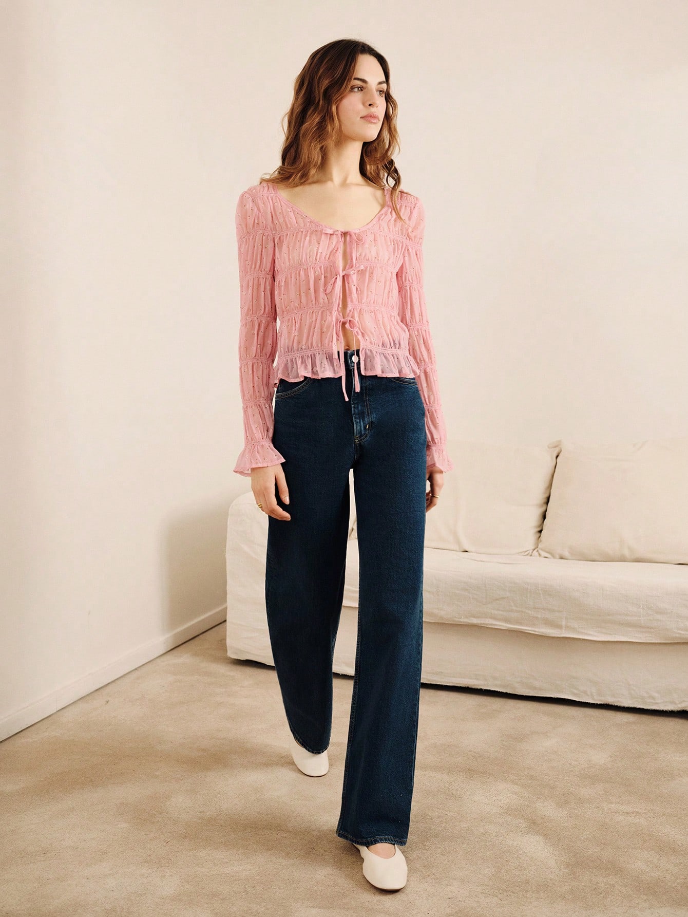 Frill Long Sleeve Top With V-Neckline, Front Opening With Tie Detailing