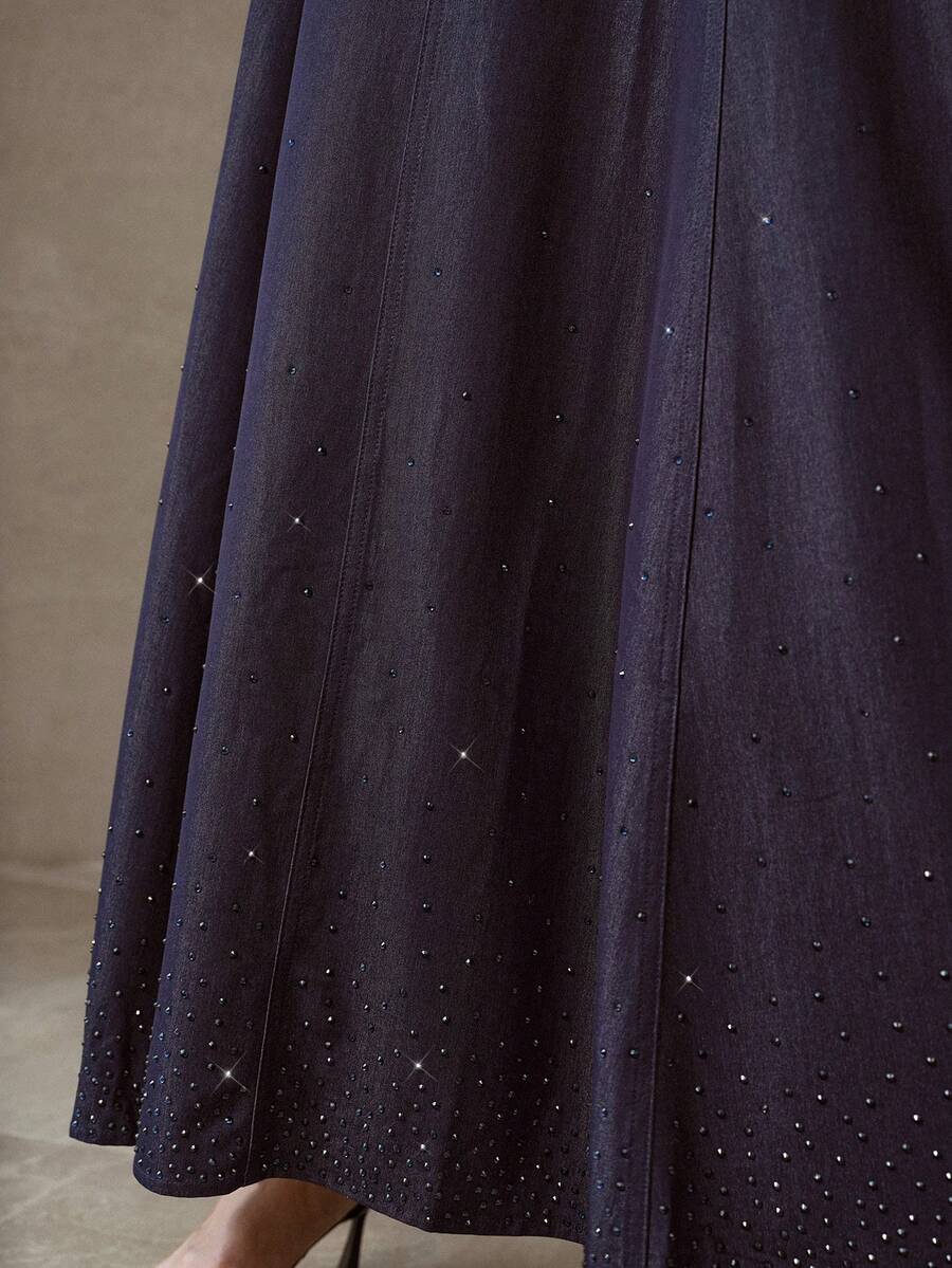 MOTF PREMIUM METAL DECOR MIDI DENIM A-LINE SKIRT - Navy Blue - View 2
