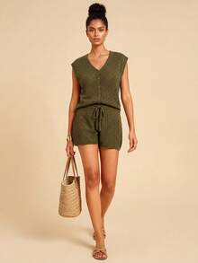Travachic Women's Olive Green Casual Knitwear Sleeveless V Neck Rib-Knit Top And Shorts Co-Ord Set - Olive Green - View 9
