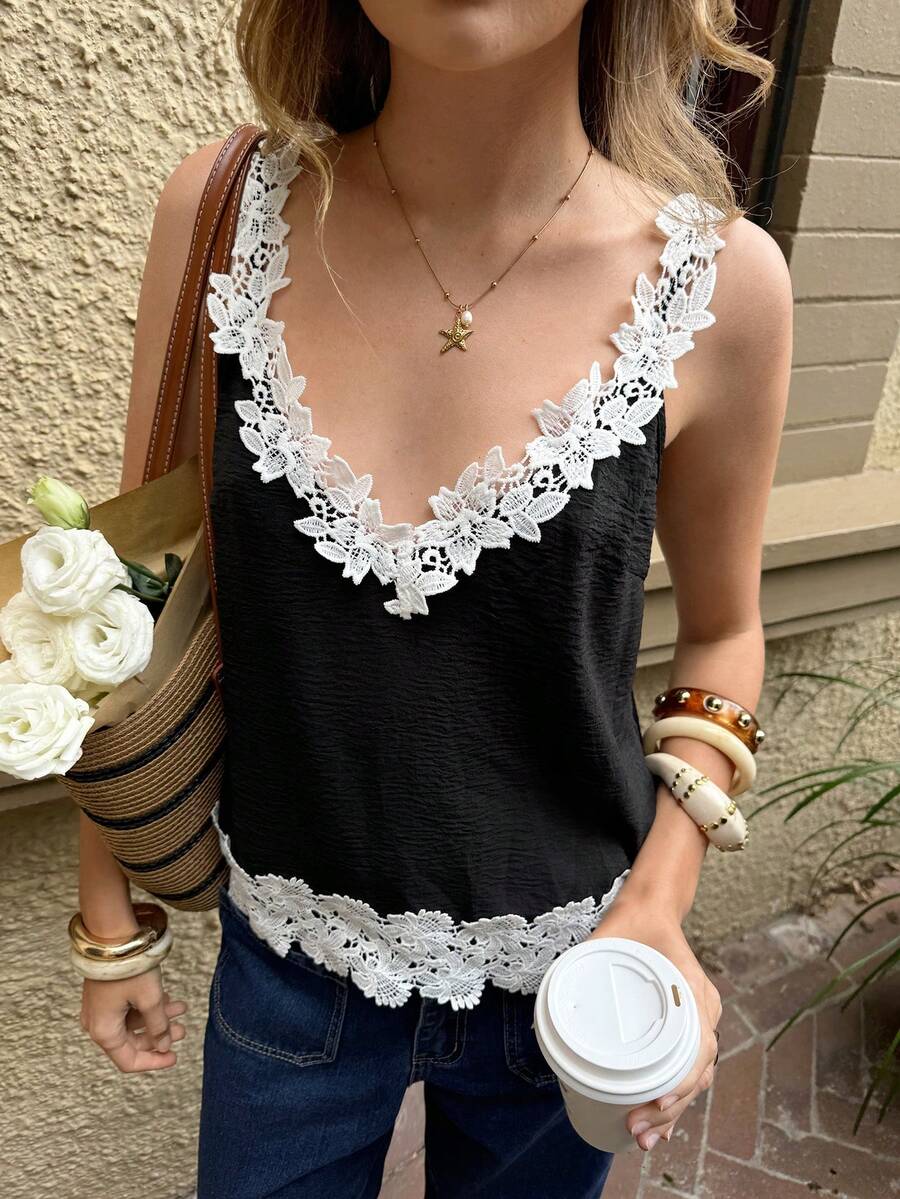 SHEIN Frenchy Women's Contrast Lace Loose Fashion Camisole For Vacation - Black and White - View 1
