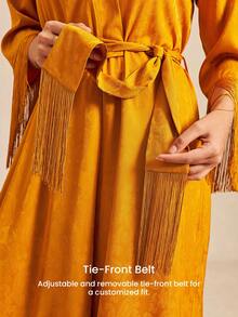 All-Season Mustard Satin Robe Comfortable Tie-Waist Sleep Gown With Fringe Trim Loose-Fit Midi Robe With Fringe Details Pyjama - Yellow - View 7