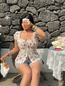 Sweetra Plus Size Women Casual/Commute/Vacation Ditsy Floral Short Sleeve Blouse - Multicolor - View 5