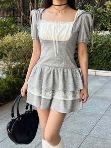 FRIFUL 女士蕾丝拼接连帽花瓣袖蛋糕裙迷你甜美夏日连衣裙 - 灰色 - 查看 7