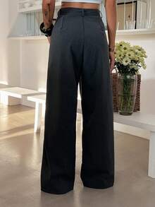 Strévra Striped Casual Women Loose Wide Leg Pants With Buttons - Grey - View 2