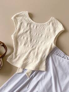 Muvela Camiseta Nova de Primavera/Verão com Laço Decorativo Sem Costas em Tecido de Malha Texturizado Branco, Elegante Vintage para Carnaval, Festa, Doce, Fofa, Uso Urbano, Escritório - Damasco - Visão 5