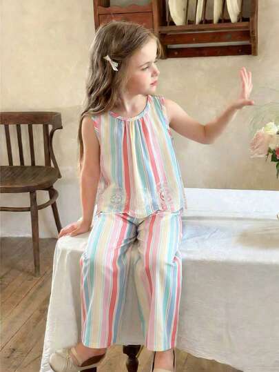 SHEIN 2pcs Young Girl Vintage Floral & Rainbow Striped Ruffle Trim Camisole Top And Matching Wide Leg Pants Set, Suitable For Casual, Daily Wear, Weekend Outing, Summer Beach, Back To School