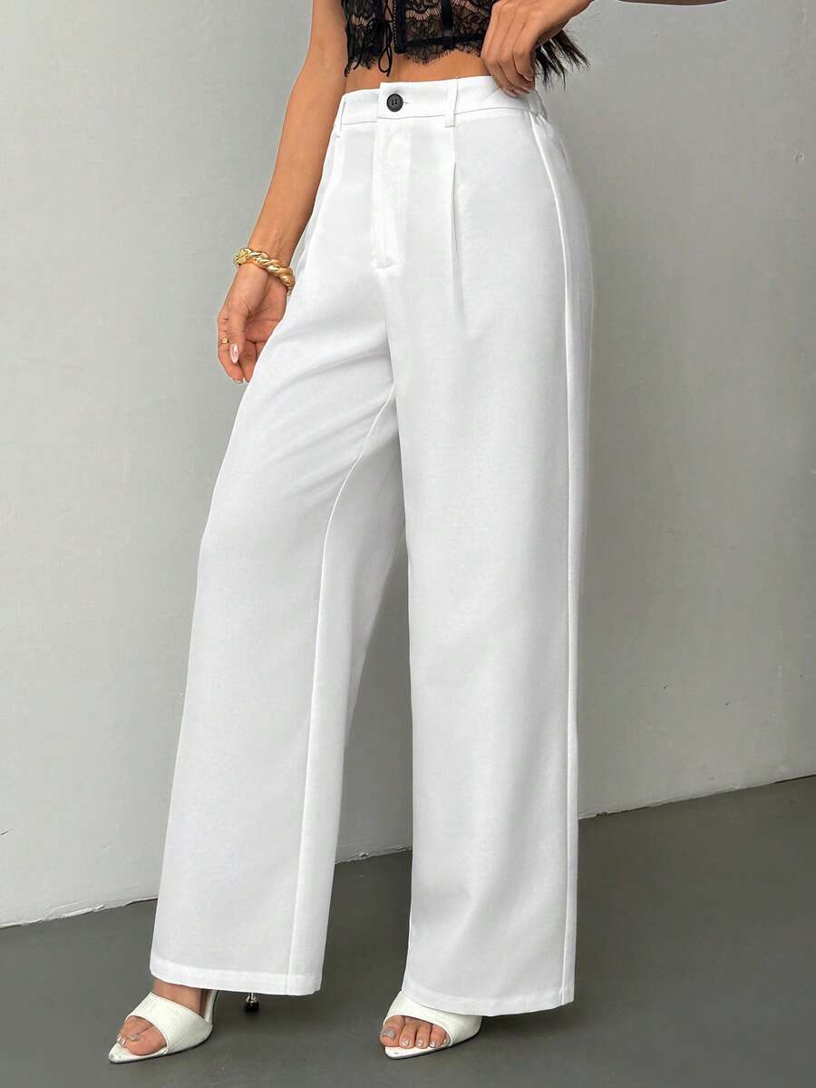 SHEIN PETITE 教师装女装灰色褶裥优雅长裤带口袋，秋冬灰色高腰阔腿裤宽松大码裤商务职业女装宽松阔腿裤秋季女装冬季女装外出下装 - 白色 - 查看 1