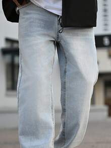 Devon Thys Men's Y2K Straight Leg Casual Washed Jeans, Minimalist Black Denim Pants - Light Wash - View 3