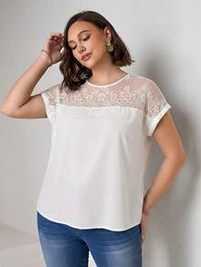 Chikora 大码优雅纯色蕾丝拼接衬衫，夏季 - 白色 - 查看 4