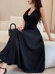 Feyla Women's Solid Color Lace Patchwork Backless Halter Dress - Black - View 5