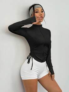 DAZY Women's Black Fitted Cinched Waist High Collar Sports Jacket, Summer - Black - View 5