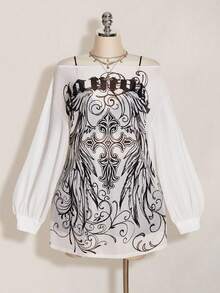 SHEIN ICON Vestido mini de malla transparente con estampado retro punk Y2K, abertura ancha y abierta, talla grande, otoño - Blanco y Negro - Ver 3