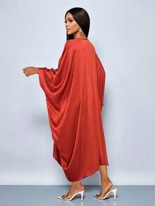 SOLERSUN 女士优雅飘逸蝙蝠袖V领缎面中长连衣裙，适合派对、情人节约会等场合 - 鏽棕色 - 查看 2