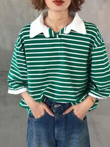 FRIFUL Camiseta de manga corta con cuello polo y media cremallera, de corte holgado y con rayas, con cuello en contraste, para verano - Verde - Ver 6