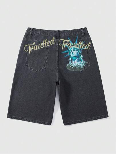 ROMWE MEN شورتات جينز كاجوال للرجال مطبوع عليها تمثال الحرية للصيف