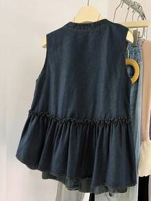 EMERY ROSE Mature Denim Plus Size Sleeveless Denim Top,Navy Blue Summer Smart Casual Everyday Ruffle Hem Babydoll Tiered Cake Blouse,French Retro Stand Collar Button Down - Blue - View 3