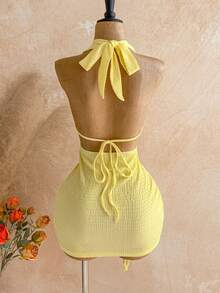 Soleia Women's Vacation Beach Solid Color Plunging Neck Drawstring Backless Mini Dress - Light Yellow - View 2