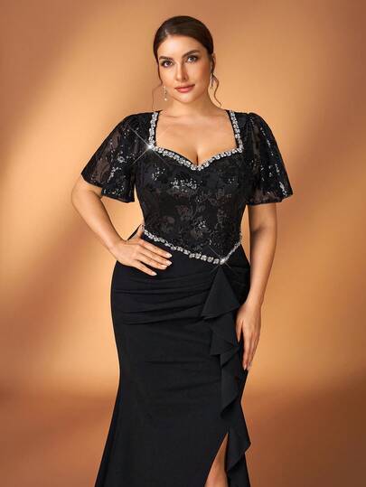 Serin Plus Size Elegant Luxurious Lotus Pink Beaded Embroidered Deep V-Neck Asymmetric Ruffle Hem Fitted Mermaid Formal Dress, Suitable For Evening Party, Wedding, Gala, Vacation, Mother Of The Bride Dress