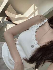 DAZY 夏季女士甜美撞色蕾丝吊带背心 - 白色 - 查看 8