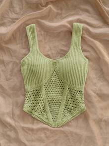 Soleia Nueva elegante parte superior de chaleco tejido con diseño de lazo en la cintura para vacaciones - Verde - Ver 4